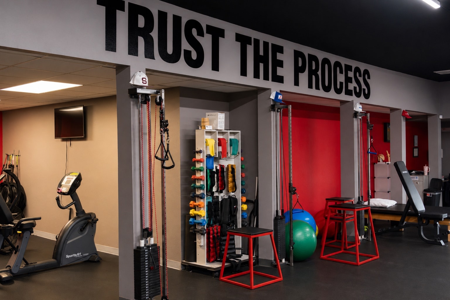 The Training Room Portland Trust The Process wall with rehab equipment and cable columns